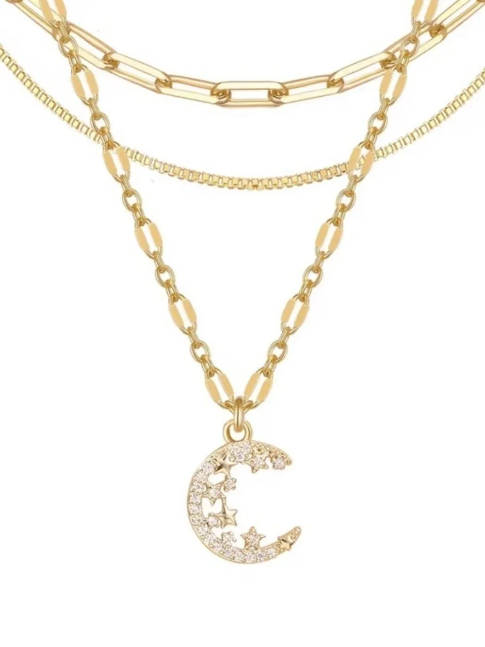 18K Gold Plated 3pc Layered Moon Chain Necklace Stainless Steel Womens Jewelry